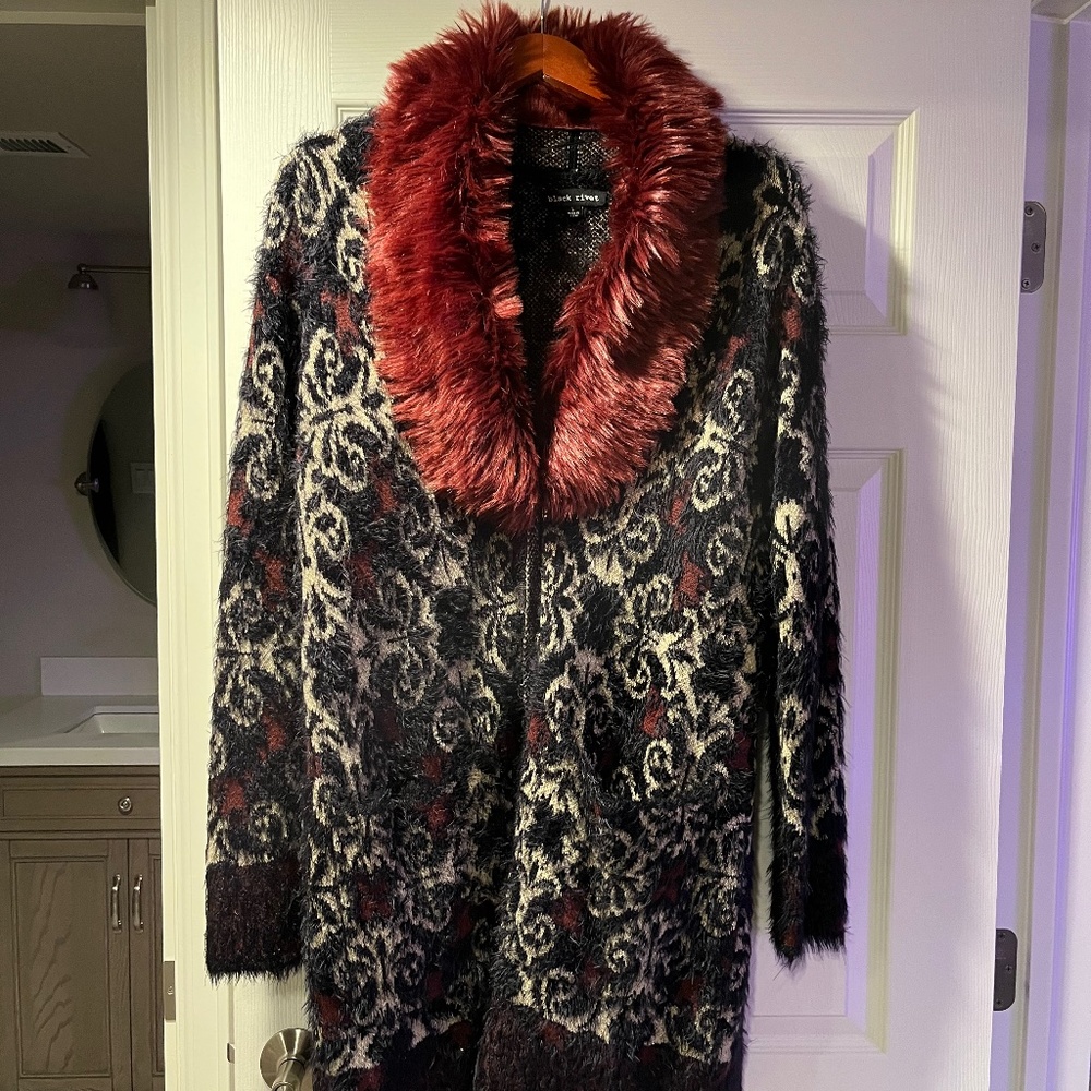 Sweater Coat with Faux Fur Collar